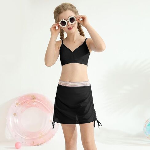 ESHOO Girls Swimsuits Kids 3 Piece Bathing Suit Teen Girls Bikini Swimwear with Drawstring Cover Up Skirt Beach Swimwear in Kuwait