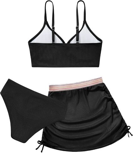 ESHOO Girls Swimsuits Kids 3 Piece Bathing Suit Teen Girls Bikini Swimwear with Drawstring Cover Up Skirt Beach Swimwear in Kuwait