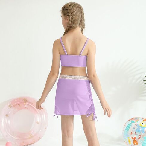 ESHOO Girls Swimsuits Kids 3 Piece Bathing Suit Teen Girls Bikini Swimwear with Drawstring Cover Up Skirt Beach Swimwear in Kuwait
