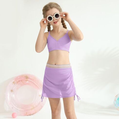 ESHOO Girls Swimsuits Kids 3 Piece Bathing Suit Teen Girls Bikini Swimwear with Drawstring Cover Up Skirt Beach Swimwear in Kuwait