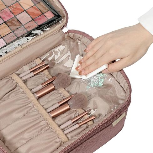 NISHEL Large Double Layer Travel Makeup Bag Women, Cosmetic Case, Organizer for Travel-Size Accessories Bottles, Brushes, Conditioner, and Skin Care Products, Black in Kuwait