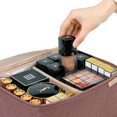 NISHEL Large Double Layer Travel Makeup Bag Women, Cosmetic Case, Organizer for Travel-Size Accessories Bottles, Brushes, Conditioner, and Skin Care Products, Black in Kuwait
