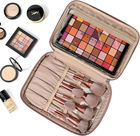 NISHEL Large Double Layer Travel Makeup Bag Women, Cosmetic Case, Organizer for Travel-Size Accessories Bottles, Brushes, Conditioner, and Skin Care Products, Black in Kuwait