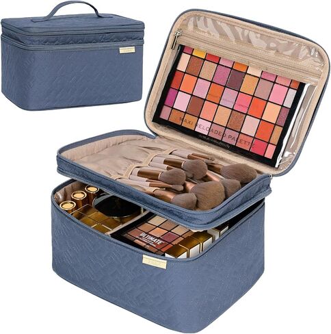 NISHEL Large Double Layer Travel Makeup Bag Women, Cosmetic Case, Organizer for Travel-Size Accessories Bottles, Brushes, Conditioner, and Skin Care Products, Black in Kuwait
