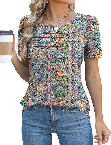 Ivicoer Womens Summer Tops Short Puff Sleeve Dary Disy Disual Crew Neck Plateed T Shirts فضفاضة ملائمة الربيع سترة in Kuwait