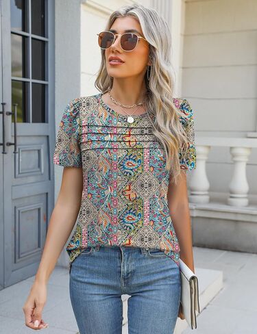 Ivicoer Womens Summer Tops Short Puff Sleeve Dary Disy Disual Crew Neck Plateed T Shirts فضفاضة ملائمة الربيع سترة in Kuwait