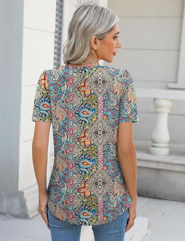 Ivicoer Womens Summer Tops Short Puff Sleeve Dary Disy Disual Crew Neck Plateed T Shirts فضفاضة ملائمة الربيع سترة in Kuwait