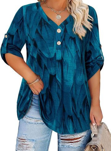 Siddhe Womens Plus Size Tops Button 3/4 Sleeve V Neck Blouses Dressy Casual Tunic Tops for Curvy Women Loose Fit XL-5XL in Kuwait