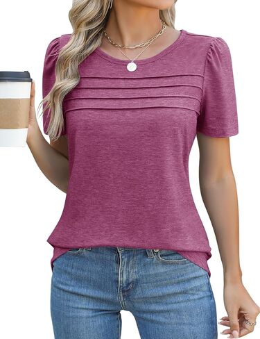 Ivicoer Womens Summer Tops Short Puff Sleeve Dary Disy Disual Crew Neck Plateed T Shirts فضفاضة ملائمة الربيع سترة in Kuwait