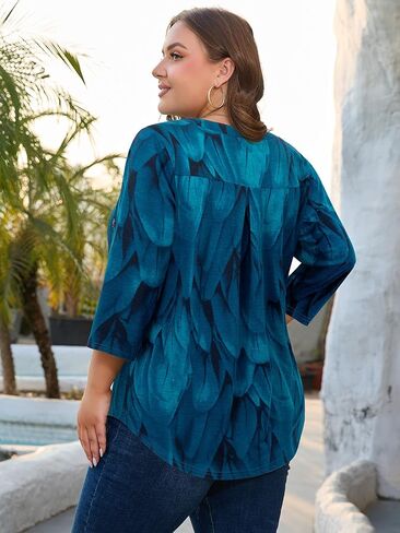 Siddhe Womens Plus Size Tops Button 3/4 Sleeve V Neck Blouses Dressy Casual Tunic Tops for Curvy Women Loose Fit XL-5XL in Kuwait