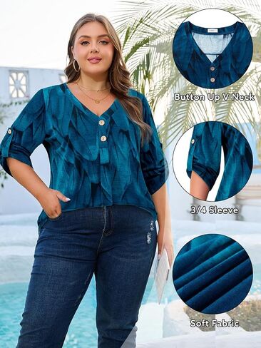 Siddhe Womens Plus Size Tops Button 3/4 Sleeve V Neck Blouses Dressy Casual Tunic Tops for Curvy Women Loose Fit XL-5XL in Kuwait
