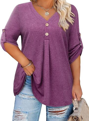 Siddhe Womens Plus Size Tops Button 3/4 Sleeve V Neck Blouses Dressy Casual Tunic Tops for Curvy Women Loose Fit XL-5XL in Kuwait