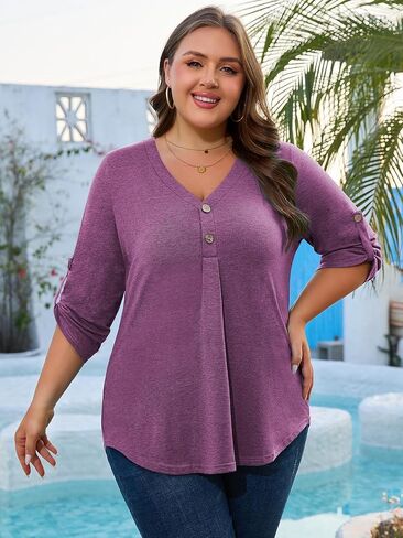 Siddhe Womens Plus Size Tops Button 3/4 Sleeve V Neck Blouses Dressy Casual Tunic Tops for Curvy Women Loose Fit XL-5XL in Kuwait