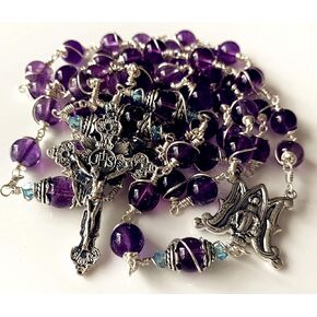 elegantmedical Handmade 925 Sterling Silver Wire Wrapped Amethyst Rosary Beads Necklace Cross & Gift Box
