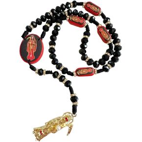 قلادة Bonitter Black Holy Death's Necklace Wooden Santa Muerte Netclace Red Reds Beads Bissing Rosario de La Santa Muerte Glay Gift for Women Men