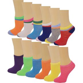Girls Ankle Socks | Colorful Low Cut | Big Kids (12 Pairs)