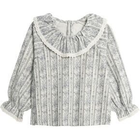Mud Kingdom Girls Peter Pan Collar Shirts Lace Trim Long Sleeve Blouse Floral Casual