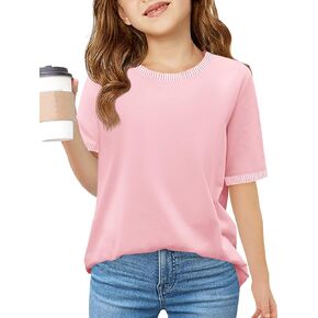 Haloumoning Girls Color Block Short Sleeve Shirts Kids Summer Striped Crewneck Tops Casual Tees 5-14 Years