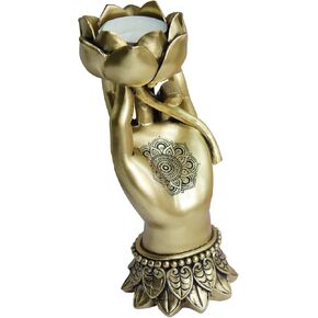 Pigort Lotus Tealight Candle Holder Meditation Decor Zen Statue for Home Table Self Office Living Room Bedroom Polyresin Home Decor Gold (Lotus in Hand)