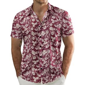 JOGAL Men's Flower Cotton Button Down Short Sleeve Hawaiian Shirt
