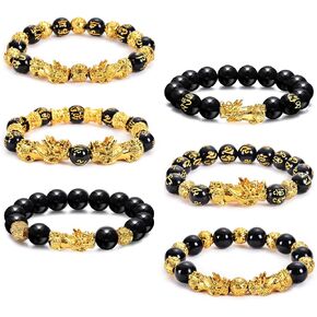 أساور Rioso Feng Shui للرجال نساء حظًا سعيدًا أسود Obsidian Pixiu Beads Bracelet Set Dragon جذب الثروة المال Fortune Pi Yao Jewelry