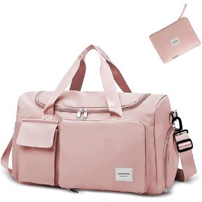 WOOMADA Foldable Travel Duffel Bag with Shoes Compartment, Overnight Bag with Wet Pocket & Trolley Sleeve, Weekender Bags for Women(A-pink leopard)