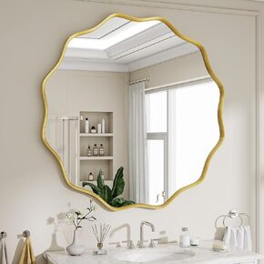 Round Wavy Mirror, 30 Inch Metal Frame Circle Mirror, Round Wall Mounted for Entryway, Bathroom, Vanity, Living Room, Gold