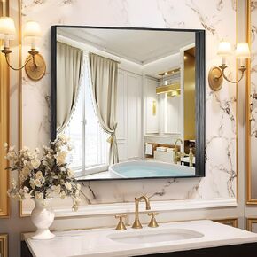 CIRCUMI Black Bathroom Mirror, 30"x30" Rectangular Mirror with Deep Metal Frame, Brushed Finish, Tempered Glass, Square Mirror for Wall, Oversink, Bedroom, Living Room, Vanity, Entryway, Crystal-Clear