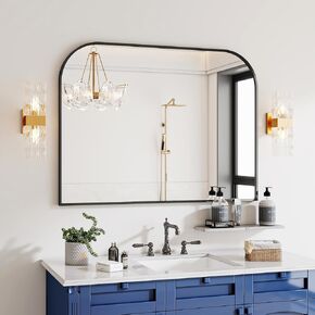 Black Wall Mounted Bathroom Mirror, 38 x 30 Inch Round Top Right Angle Wall Mirror, Aluminum Metal Framed, Tempered Glass, Rust Resistant, Horizontally or Vertically Hanging
