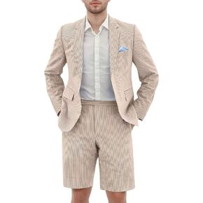 Seersucker Suit Mens Fit Fit Stupt Shorts عارضة 2 قطعة من Pinstripe Suit ملابس العطلة لحفل الزفاف الصيفي