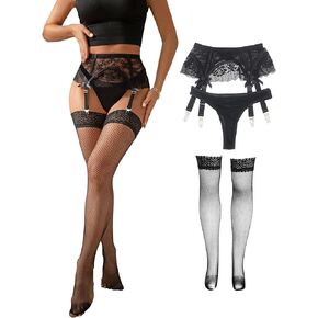 comeondear Women Lace Garter Belt Plus Size Garter Belt Set with 4 Straps Black Suspender Belt for Thigh Highs Stocking