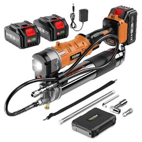 2-in-1 Electric Grease Gun:12000 PSI, 5.3 oz/min Flow Battery Powered Cordless Grease Gun with 2 * 4.0 Ah Batteries and Charger, LED Light, 90 Degree Coupler Adapter, Orange