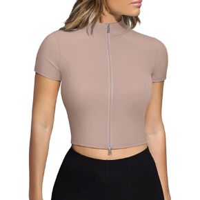 LASLULU Womens Cropped Workout Gym Running Tops Athletic Jackets Short Sleeve Zip up Fitted Tight Track Sports Jacket
