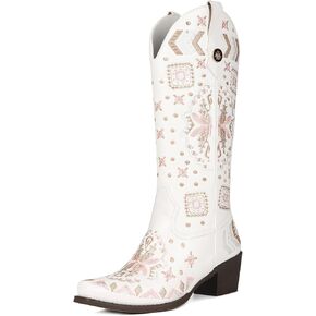 Cowboy Boots Women Leather Embroidery Ladies Square Toe Western Cowgirl Boots