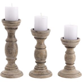 JFY Designs | Constantine Hand Carved Solid Wood Candle Holder | Pillar Candle Holders | Decorative Candlestick Holder for Home Décor, Wedding, Dinning, | Burnt Natural | Set of 3 | 8", 10", 12"H