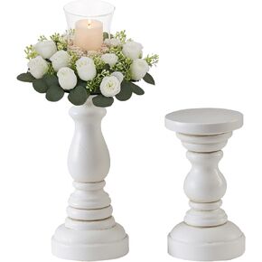 SOFE Set of 2 Farmhouse Wood Pillar Candle Holders - 11 Inches & 7 Inches Tall Vintage Candle Stands for Pillar Candles - Modern Candle Pedestal Table Centerpiece, Fireplace, Wedding Decor