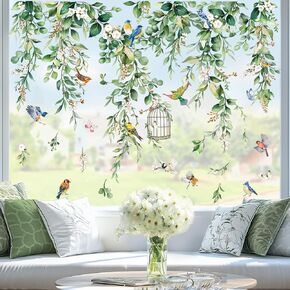 wondever Spring Summer Hanging Vine Eucalyptus Window Clings Green Leaves Flower Birds Glass Sticker Decal Anti Collision Double-Side Static Window Stickers for Home Glass