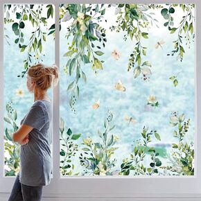 Spring Summer Flowers Window Clings Extra Large Eucalyptus Leaves Window Stickers Greenery Plant Hanging Vine Floral Double-Side Static Window Decals for Wedding Party Home Decor,6 Sheets
