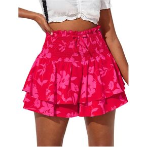GORGLITTER Girl's Cute Floral Skirts Summer High Waist Tiered Ruffle Hem Shirred Mini Skirt