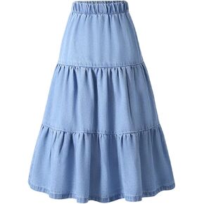 GORGLITTER Girl's Ruffle Denim Skirt High Waisted A Line Midi Jean Skirts