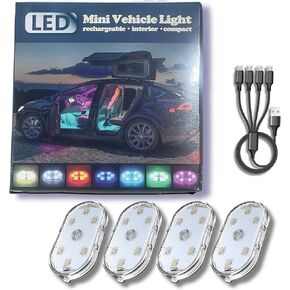 4 عبوات لاسلكية مصابيح LED قابلة لإعادة الشحن للسيارة مع USB 4-way شاحن سهلة I 7-Color LED LED إكسسوارات السيارة الداخلية للنساء والرجال I أضواء السيارة الداخلية المغناطيسية لسيارة الإضاءة المحيطة