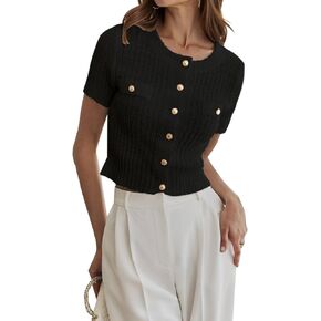 Women Summer Cropped Sweater Cardigan 2025 Short Sleeve Button Down Shirts Dressy Casual Knit Sweater Tops