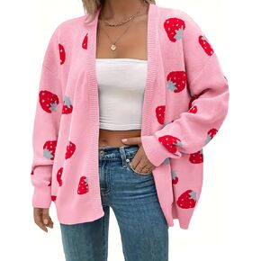 Women's Plus Size Strawberry Floral Print Long Sleeve Open Front Knit Cardigan Sweater