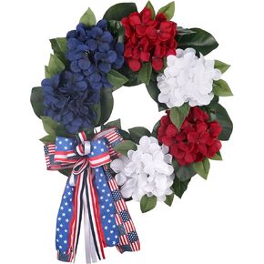 24 Inch Patriotic Front Door Wreath for July 4th Independence Day and Memorial Day, Artificial Red White Blue Hydrangea Wreath with USA Flag Printed Bow
