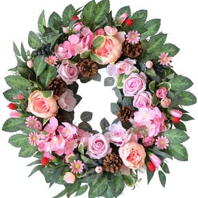 TEMPUS Artificial Peony Wreath 24 Inch Spring Summer Pink Wreath for Front Door Decoration Wedding Party Home Decoration