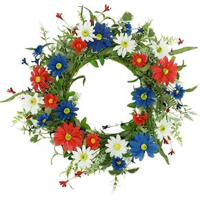 YNYLCHMX July 4th 18" Spring Summer Wreaths for Front Door, Patriotic American Wreath with Daisy Flowers Leaves, Artificial Floral Green Foliage for Wall Window Farmhouse Party Holiday Decor