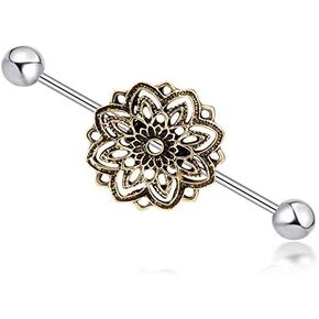 14G Industrial Stainless Steel Barbell with Metal Flower Emblem - 14 Gauge Cartilage Industrial Ear Piercing Jewelry silver