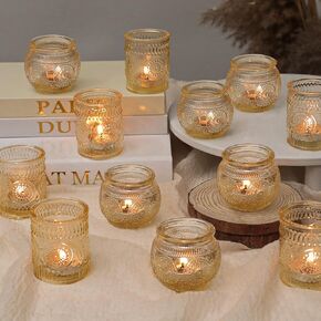 12 Pcs Clear Amber Gold Glass Votive Candle Holders, Vintage Candle Holder Bulk, Tealight Candle Holders for Table Centerpieces, Home, Bridal Shower, Birthday, Party Table Decor