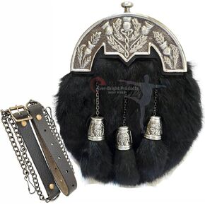 Scottish Kilt Black Rabbit Full Dress Sporran Antique Enamel Thistle Cantel