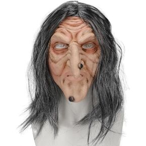 Scary Witch Mask with Gray Hair Halloween Realistic Old Lady Latex Mask Costume for Adults Horror Cosplay Prop